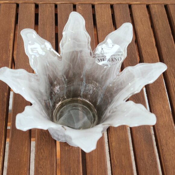 Murano Handblown Glass Candle Holder, 6.25" Wide, Smoky Gray & White, from Italy - Picture 2 of 7
